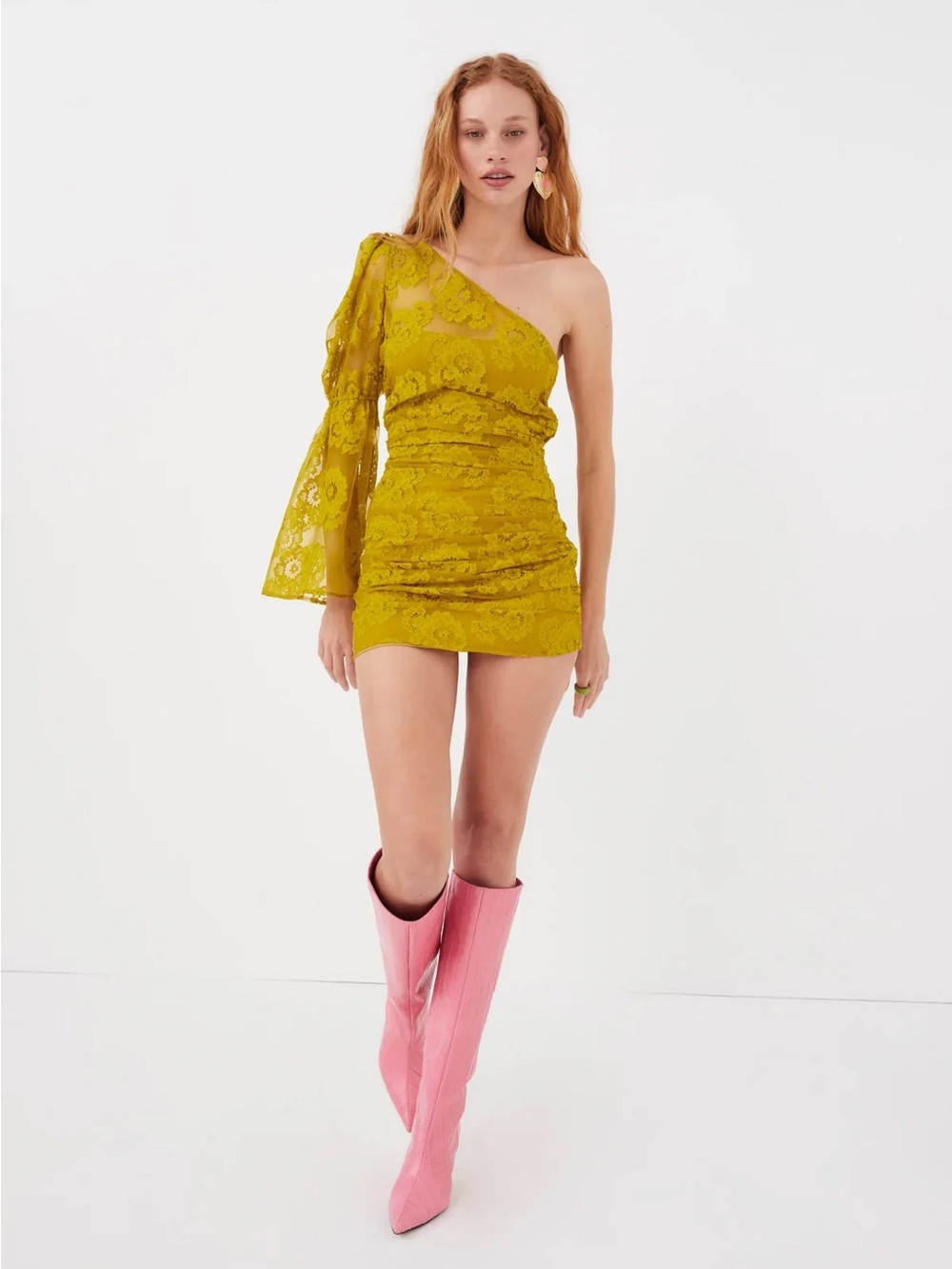 NWT For Love & Lemons Tiana Mini Dress in Mustard Yellow, Size XS